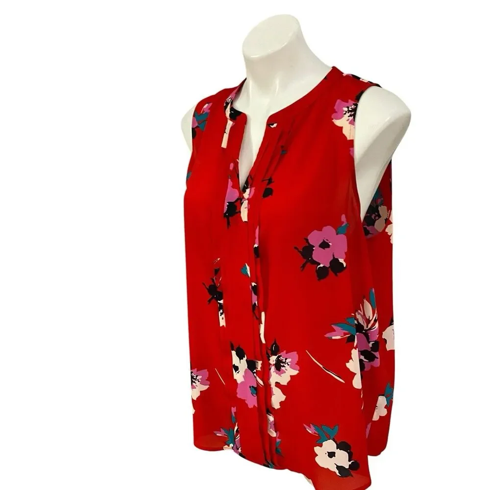 41 Hawthorne Top Womens XL Breyson Pleat Split Neck  Red Floral Office Casual